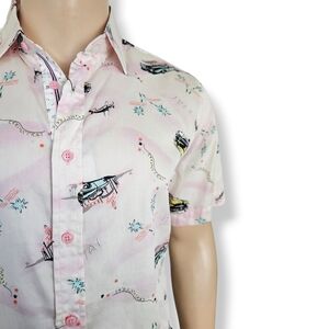 Smash Pink & Black Classic Retro Car Print Button Down Shirt Size Large